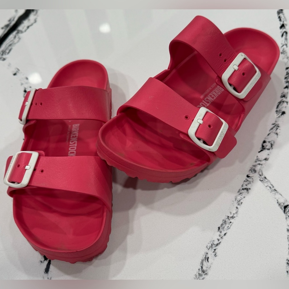 Birkenstock Arizona EVA Sandals in Hot Pink with White Buckles